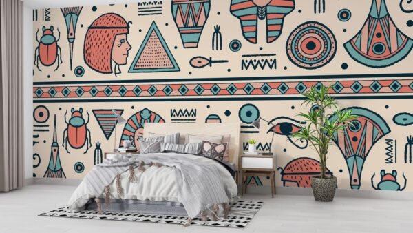 Egyptian Hieroglyphics Wallpaper - Ancient Egypt Wall Mural - Beige & Blue Colors - Historical & Educational Mural - Living Room & Bedroom Decor