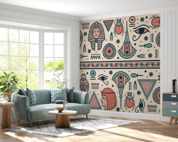 Egyptian Hieroglyphics Wallpaper - Ancient Egypt Wall Mural - Beige & Blue Colors - Historical & Educational Mural - Living Room & Bedroom Decor