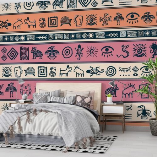 Tribal Animals & Symbols Wallpaper - Contemporary Wall Mural - Pink, Orange & Black Colors - 3D Effect Wall Art - Living Room & Bedroom Decor