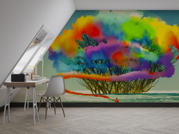 Watercolor Tree Mural Wallpaper - Vibrant & Artistic Wall Art - Blue, Green & Orange Colors - Nature Theme - Living Room & Bedroom Decor