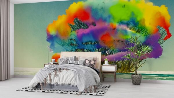 Watercolor Tree Mural Wallpaper - Vibrant & Artistic Wall Art - Blue, Green & Orange Colors - Nature Theme - Living Room & Bedroom Decor