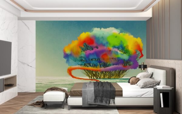 Watercolor Tree Mural Wallpaper - Vibrant & Artistic Wall Art - Blue, Green & Orange Colors - Nature Theme - Living Room & Bedroom Decor