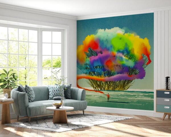 Watercolor Tree Mural Wallpaper - Vibrant & Artistic Wall Art - Blue, Green & Orange Colors - Nature Theme - Living Room & Bedroom Decor