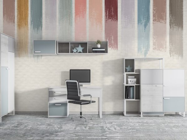 Modern Home Office Wallpaper - Stylish & Inviting Wall Mural - Striped Mural - Blue, Pink & Grey Colors - Workspace - Home Decor