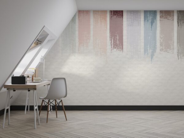 Modern Home Office Wallpaper - Stylish & Inviting Wall Mural - Striped Mural - Blue, Pink & Grey Colors - Workspace - Home Decor