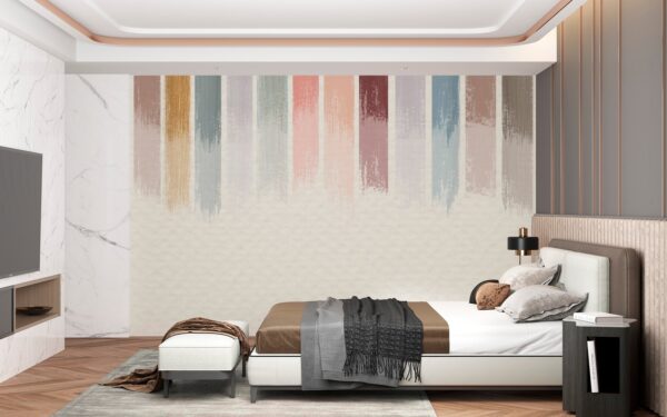 Modern Home Office Wallpaper - Stylish & Inviting Wall Mural - Striped Mural - Blue, Pink & Grey Colors - Workspace - Home Decor