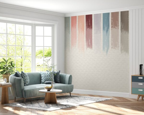 Modern Home Office Wallpaper - Stylish & Inviting Wall Mural - Striped Mural - Blue, Pink & Grey Colors - Workspace - Home Decor