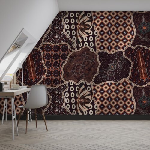 Modern Batik Office Wallpaper - Geometric Wall Mural - Brown, Orange & White Colors - 3D Effect Wall Art - Home Office Decor - Contemporary Mural