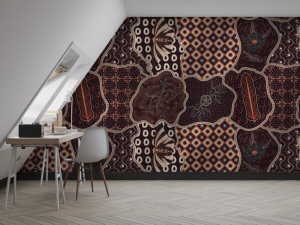 Modern Batik Office Wallpaper - Geometric Wall Mural - Brown, Orange & White Colors - 3D Effect Wall Art - Home Office Decor - Contemporary Mural