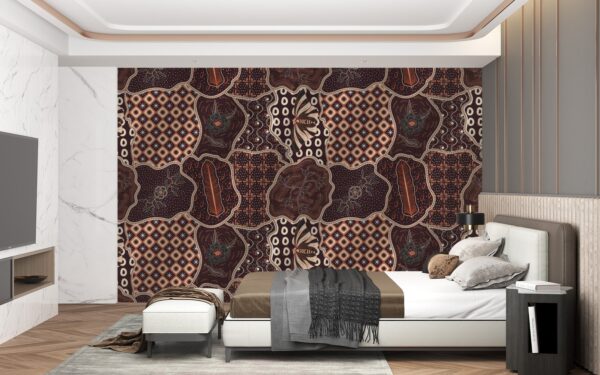 Modern Batik Office Wallpaper - Geometric Wall Mural - Brown, Orange & White Colors - 3D Effect Wall Art - Home Office Decor - Contemporary Mural