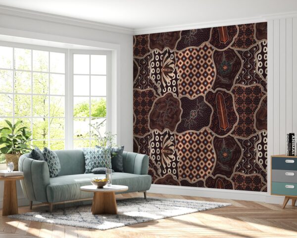 Modern Batik Office Wallpaper - Geometric Wall Mural - Brown, Orange & White Colors - 3D Effect Wall Art - Home Office Decor - Contemporary Mural