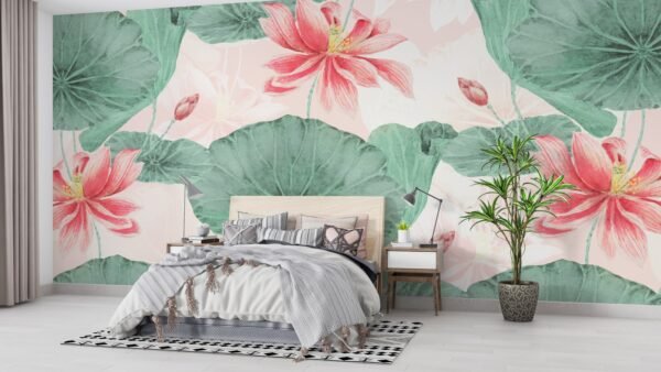 Watercolor Floral Wallpaper - Pink & Green Wall Mural - Nature Theme - Home Decor - Living Room, Bedroom & Kids Room Decor - Art & Mural