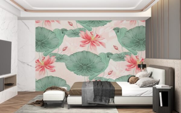 Watercolor Floral Wallpaper - Pink & Green Wall Mural - Nature Theme - Home Decor - Living Room, Bedroom & Kids Room Decor - Art & Mural