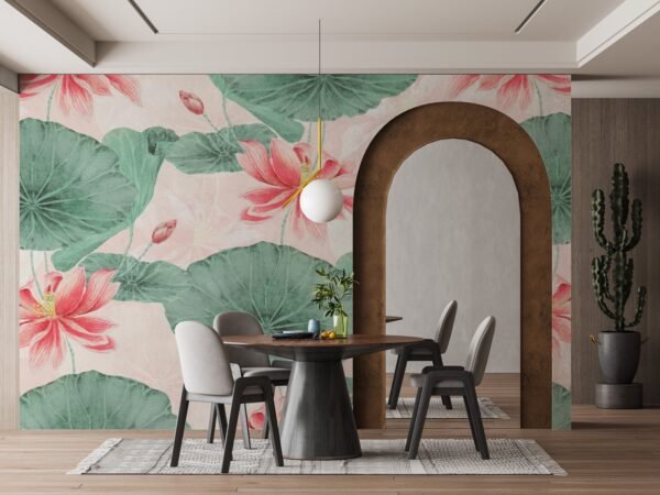 Watercolor Floral Wallpaper - Pink & Green Wall Mural - Nature Theme - Home Decor - Living Room, Bedroom & Kids Room Decor - Art & Mural