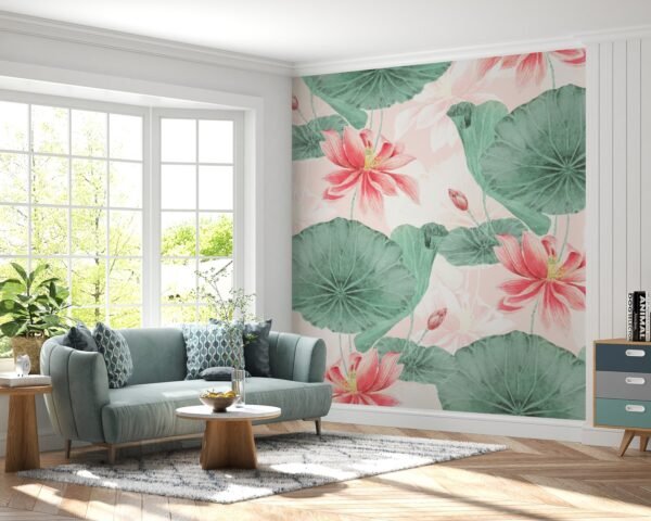 Watercolor Floral Wallpaper - Pink & Green Wall Mural - Nature Theme - Home Decor - Living Room, Bedroom & Kids Room Decor - Art & Mural