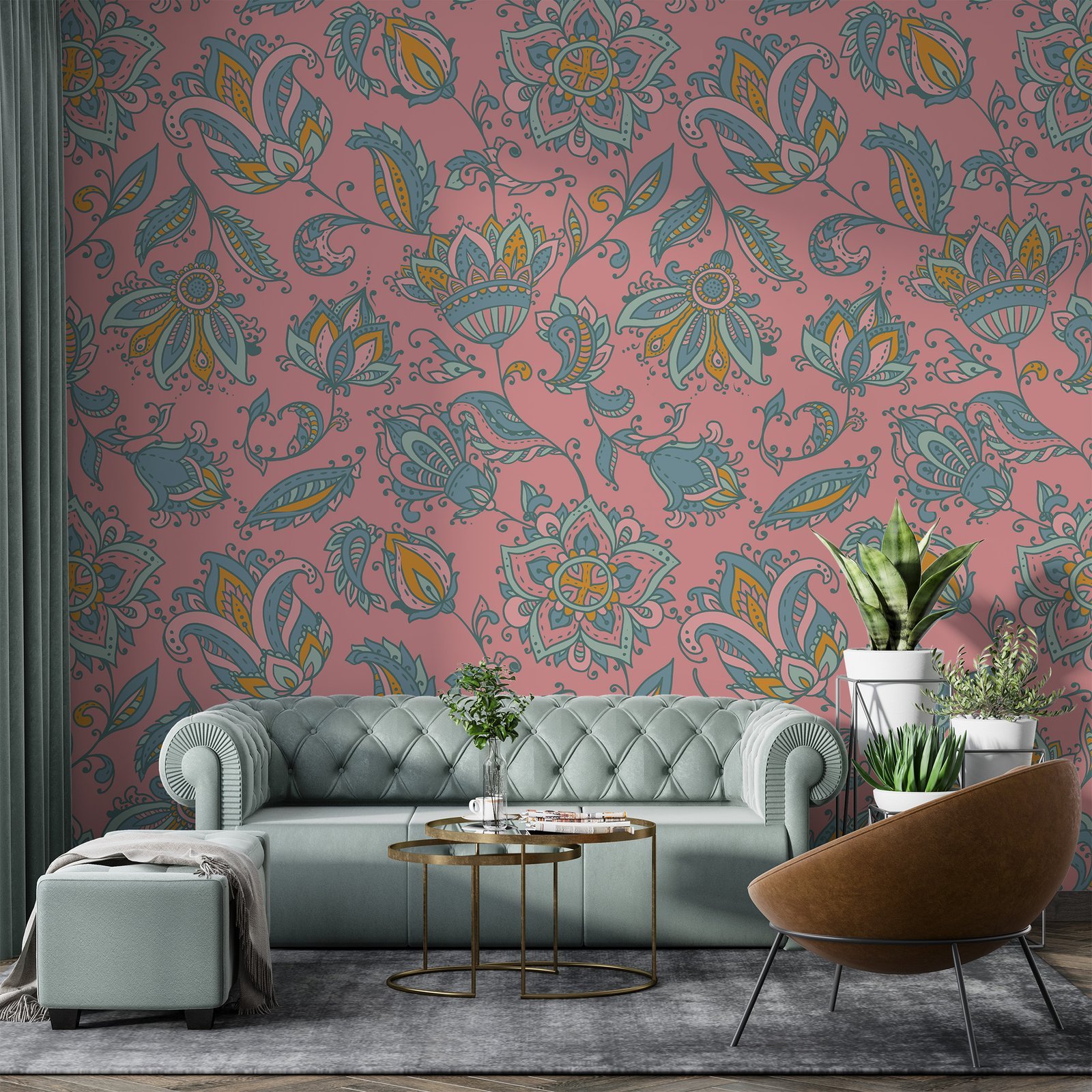 Pink Floral Damask Wallpaper - Bohemian & Eclectic Wall Mural - Vintage & Retro Style - Living Room & Bedroom Decor - Maximalist Mural