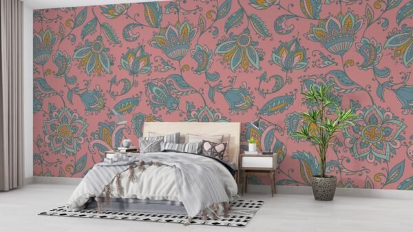 Pink Floral Damask Wallpaper - Bohemian & Eclectic Wall Mural - Vintage & Retro Style - Living Room & Bedroom Decor - Maximalist Mural