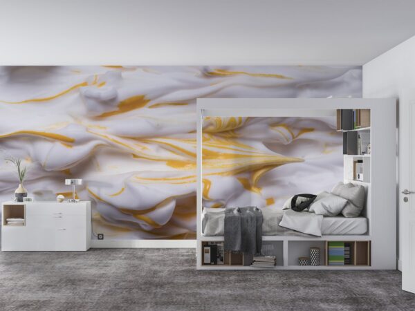 Golden Waves Wallpaper - Modern & Elegant Wall Mural - 3D Effect Wall Art - Gold, White & Yellow Colors - Living Room & Bedroom Decor