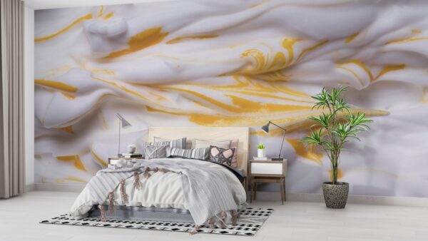 Golden Waves Wallpaper - Modern & Elegant Wall Mural - 3D Effect Wall Art - Gold, White & Yellow Colors - Living Room & Bedroom Decor