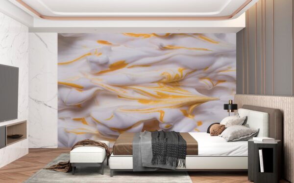 Golden Waves Wallpaper - Modern & Elegant Wall Mural - 3D Effect Wall Art - Gold, White & Yellow Colors - Living Room & Bedroom Decor