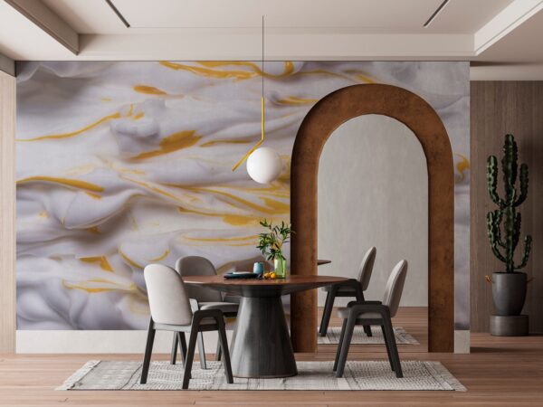 Golden Waves Wallpaper - Modern & Elegant Wall Mural - 3D Effect Wall Art - Gold, White & Yellow Colors - Living Room & Bedroom Decor