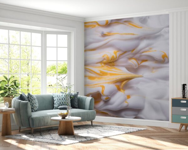 Golden Waves Wallpaper - Modern & Elegant Wall Mural - 3D Effect Wall Art - Gold, White & Yellow Colors - Living Room & Bedroom Decor