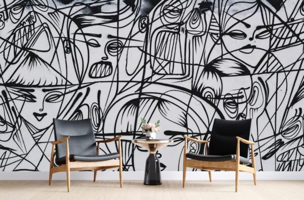 Abstract Faces Wallpaper – Brown & White Line Art Wall Mural – Modern & Contemporary Mural – Bedroom, Living Room Decor – Unique Wall Art  - Custom Wallpaper Mural peel and stick self adhesive non woven - printed wall torontodigital.ca