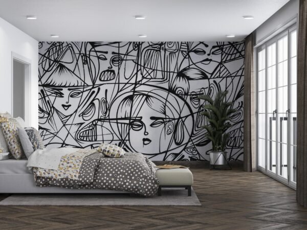 Abstract Faces Wallpaper – Brown & White Line Art Wall Mural – Modern & Contemporary Mural – Bedroom, Living Room Decor – Unique Wall Art  - Custom Wallpaper Mural peel and stick self adhesive non woven - printed wall torontodigital.ca