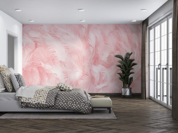 Pink Feather Wallpaper – Glamorous & Whimsical Wall Mural – Bedroom, Living Room, Office Decor – Feather Mural with Blue, Green & Orange Accents  - Custom Wallpaper Mural peel and stick self adhesive non woven - printed wall torontodigital.ca