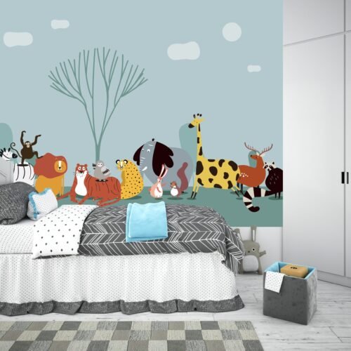 Jungle Adventure Nursery Wallpaper – Grey & Orange Kids Room Wall Mural with Animals – Safari Theme – Young Boys Bedroom Decor  - Custom Wallpaper Mural peel and stick self adhesive non woven - printed wall torontodigital.ca