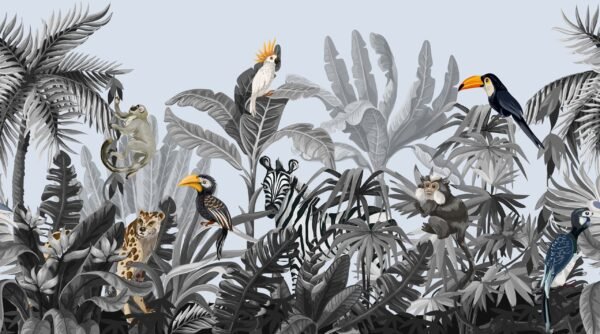 Jungle Adventure Nursery Wallpaper – Grey & Orange Kids Room Wall Mural with Animals – Safari Theme – Young Boys Bedroom Decor  - Custom Wallpaper Mural peel and stick self adhesive non woven - printed wall torontodigital.ca