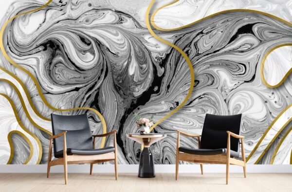 Modern Marble Wallpaper – 3D Mural – Black & White with Gold Accents – Luxurious & Stylish – Bedroom, Living Room & Office – Summer Decor  - Custom Wallpaper Mural peel and stick self adhesive non woven - printed wall torontodigital.ca