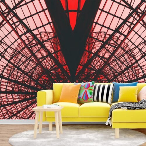 Abstract Industrial Staircase Wallpaper – Modern Red & White Wall Mural – Urban Loft Style – Dining Room, Living Room, Office Decor – Geometric Mural  - Custom Wallpaper Mural peel and stick self adhesive non woven - printed wall torontodigital.ca