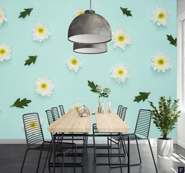 Green & Pink Floral Delight Wallpaper – Daisies & Leaves Mural – Nature Wall Mural – Bedroom, Living Room Decor – Kids Room Decor  - Custom Wallpaper Mural peel and stick self adhesive non woven - printed wall torontodigital.ca