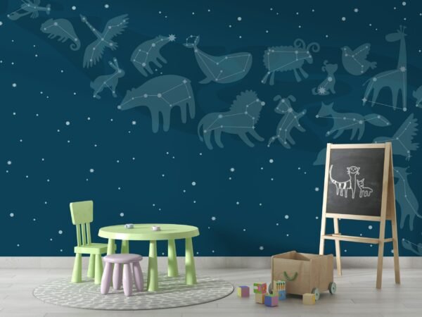 Animal Silhouettes on Blue Wallpaper – Playful Kids Room Wall Mural – Orange, Gray & Yellow Accents – Nursery Decor – Perfect for Boys & Girls  - Custom Wallpaper Mural peel and stick self adhesive non woven - printed wall torontodigital.ca