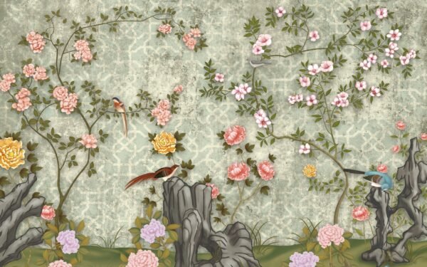 Delicate Floral Garden Wallpaper Green & Pink Tones – Bedroom, Dining, Home Office, Entryway – Summer Decor  - Custom Wallpaper Mural peel and stick self adhesive non woven - printed wall torontodigital.ca