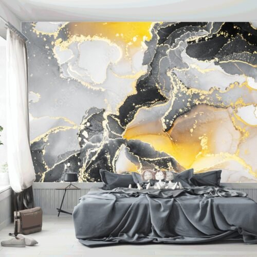 Modern Geometric Starry Night Wallpaper – Black & Gold Wall Mural with 3D Effect – Contemporary Home Decor – Living Room & Bedroom – Decor  - Custom Wallpaper Mural peel and stick self adhesive non woven - printed wall torontodigital.ca