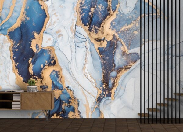 Blue & Gold Marble Wallpaper – Luxury Accent Wall – Home Decor & Interior Mural Trends – Modern Art – Wall Murals & Coverings – Summer Decor  - Custom Wallpaper Mural peel and stick self adhesive non woven - printed wall torontodigital.ca