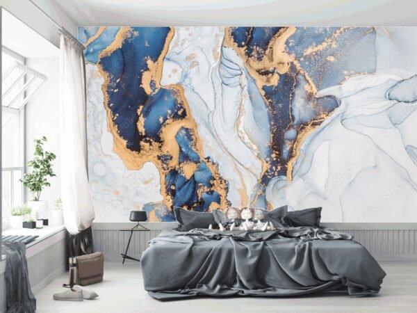 Blue & Gold Marble Wallpaper – Luxury Accent Wall – Home Decor & Interior Mural Trends – Modern Art – Wall Murals & Coverings – Summer Decor  - Custom Wallpaper Mural peel and stick self adhesive non woven - printed wall torontodigital.ca
