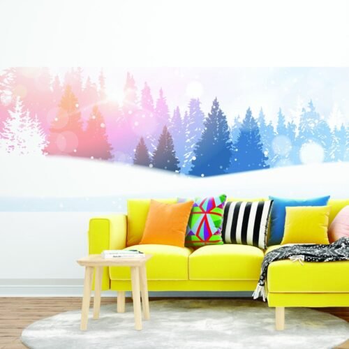 Dreamy Blue & Yellow Misty Forest Wallpaper Mural - Watercolor Landscape with Trees - Calming Nature Wall Art for Bedroom, Nursery, or Living Room