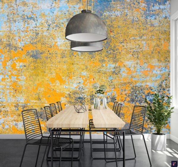 Blue & Gold Grunge Wall Mural - Distressed Urban Wallpaper - Bold Home Office & Entryway - Textured Wallpaper