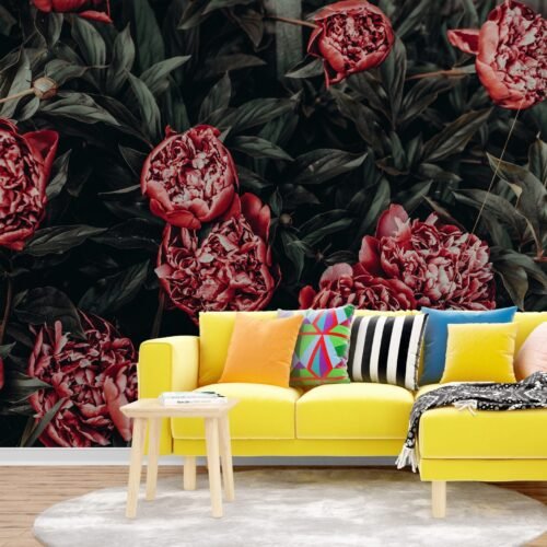 Peonies in Bloom Wallpaper – Pink & Purple Floral Wall Mural – Living , Bedroom Decor – Beautiful Peony Flowers with Green & Yellow Accents  - Custom Wallpaper Mural peel and stick self adhesive non woven - printed wall torontodigital.ca