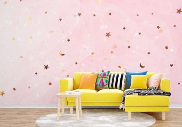 Pink & Gold Starry Night Wallpaper – Dreamy & Whimsical Mural – Kids Room – Nursery Decor – Bedroom Decor Trends – Summer Decor  - Custom Wallpaper Mural peel and stick self adhesive non woven - printed wall torontodigital.ca