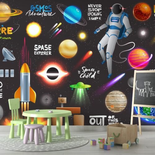 Space Adventure Wallpaper - Astronauts & Planets Mural - Kids Room - Playroom Decor - Bedroom Decor Trends - Summer Decor