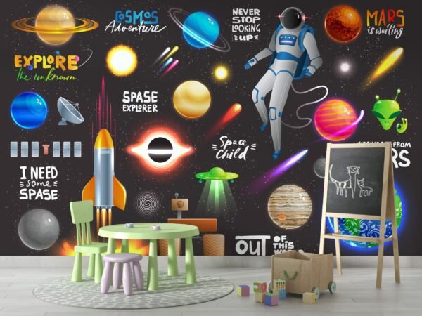 Space Adventure Wallpaper – Astronauts & Planets Mural – Kids Room – Playroom Decor – Bedroom Decor Trends – Summer Decor  - Custom Wallpaper Mural peel and stick self adhesive non woven - printed wall torontodigital.ca
