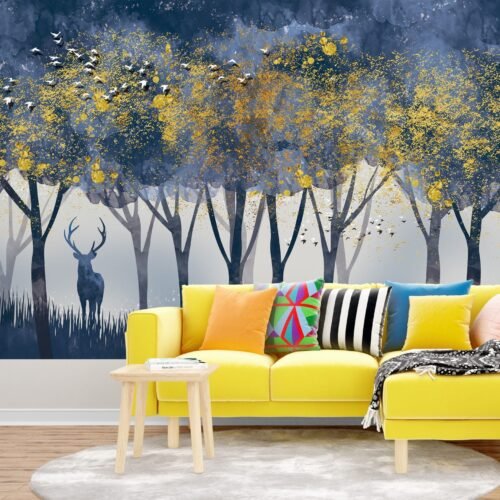 Enchanted Forest Wallpaper - Blue & Gold Kids Room Wall Mural - Whimsical Nature Theme - Trees & Animals - Young Boys Bedroom Decor