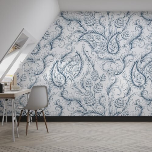 Blue & White Damask Wallpaper – Elegant Floral Wall Mural – Classic & Sophisticated Mural – Living Room, Bedroom & Dining Room Decor  - Custom Wallpaper Mural peel and stick self adhesive non woven - printed wall torontodigital.ca