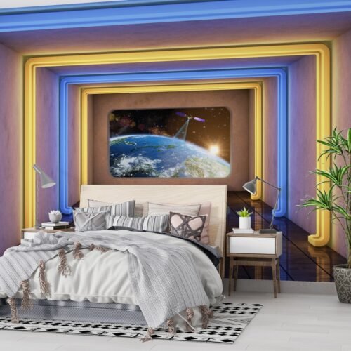 Sci-Fi Office Wallpaper - Futuristic Space Wall Mural - Blue & Yellow Colors - Modern Mural - Home Office & Study Decor - Kids Room