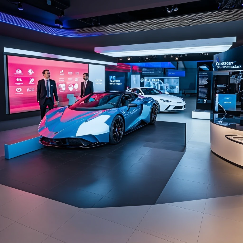 AI for Car Dealerships : Futuristic car dealership showroom powered by artificial intelligence, with holographic displays, digital interfaces, autonomous service robots, and smart customer interaction zones. The scene is vibrant, modern, and technologically advanced, showcasing the seamless integration of AI in automotive retail.