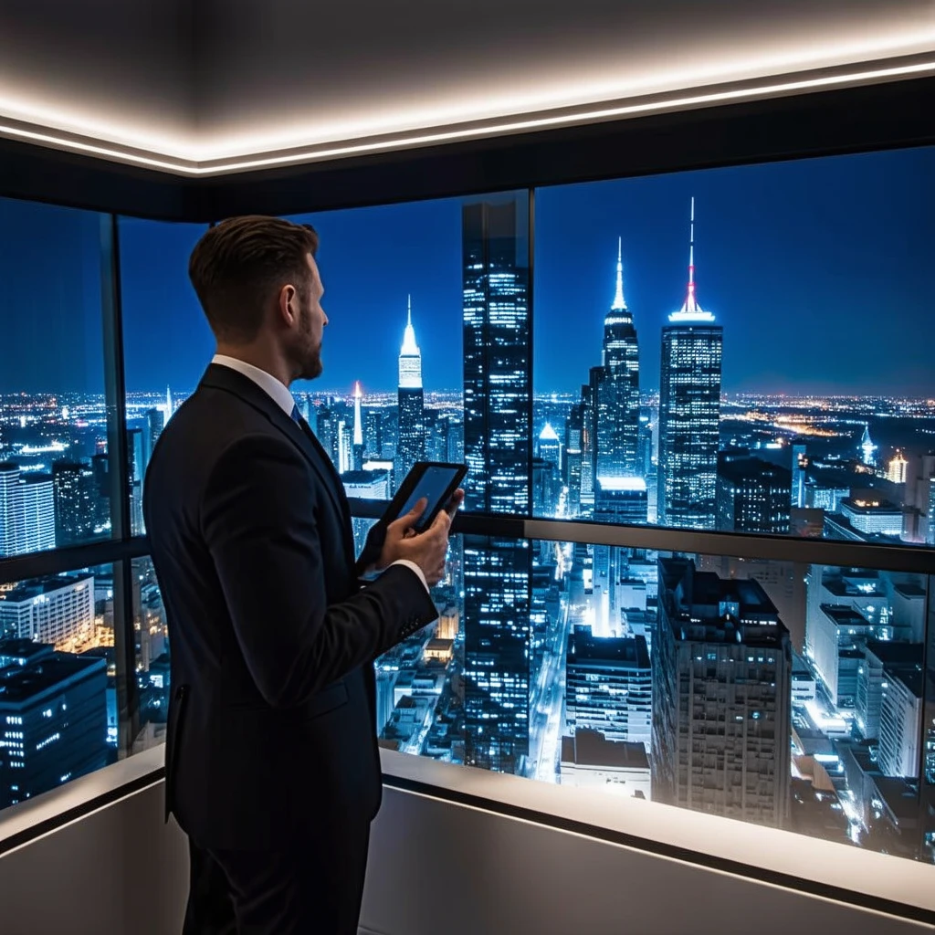 AI-powered virtual property tour pod for real estate agents, showcasing a futuristic home with smart home features and city views torontodigital AI consultant